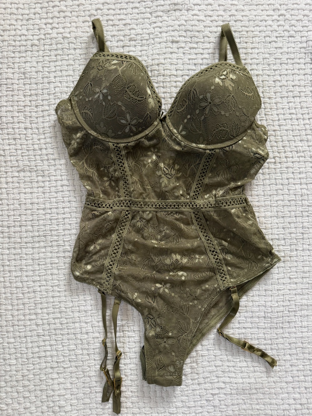 Olive Lace Longline Bustier Bodysuit with Garter Straps